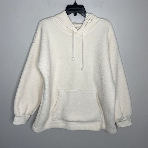 MADEWELL Womens Ivory Fleece Bubble-Sleeve Hoodie Sweatshirt EUC Pocket Cozy M - Picture 1 of 11